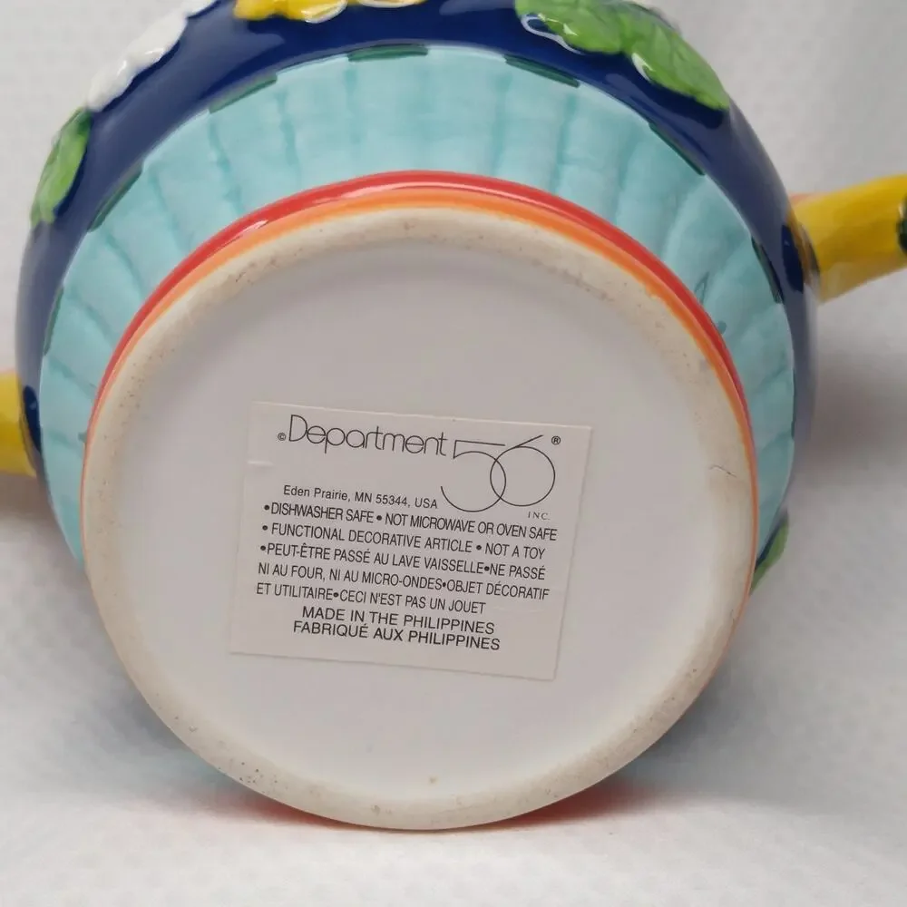 Department 56 Primrose Sugar Creamer Set Floral 3D Blue Yellow 1990s Vintage